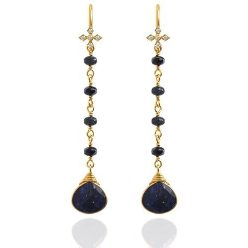 9662 Blue Sapphire Earrings in Heart Long Dangle Shape - 18K Gold Vermeil